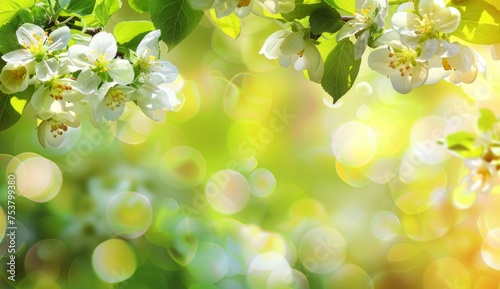 Beautiful spring background with blooming apple tree flowers on a blurred green nature background Generative AI