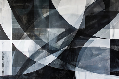 An abstract composition featuring intersecting lines and shapes in shades of grey, black, and white, creating a sense of rhythm and movement.