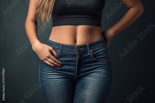 Symbolic image for eating disorders and distorted self-image in women Close-up of the midsection of a young woman wearing skin-tight jeans and a crop top © Moonpie