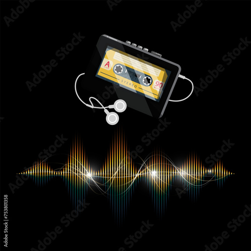 Walkman - audio cassette player with music wave on black background  vector