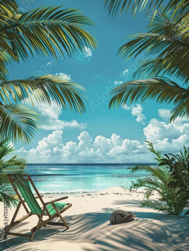 Beach chair and hat on idyllic beach - A single beach chair and a straw hat await on a pristine white sandy beach under the shade of lush palm trees