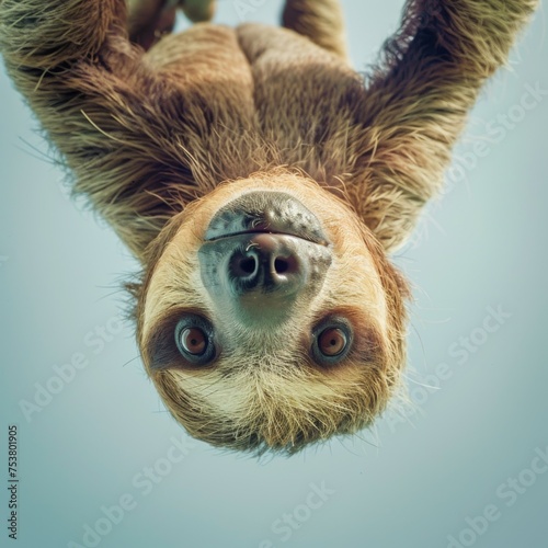 Curious Sloth Hanging Upside Down - An adorable sloth hangs upside down, looking directly at the camera with a background of soft blue sky photo