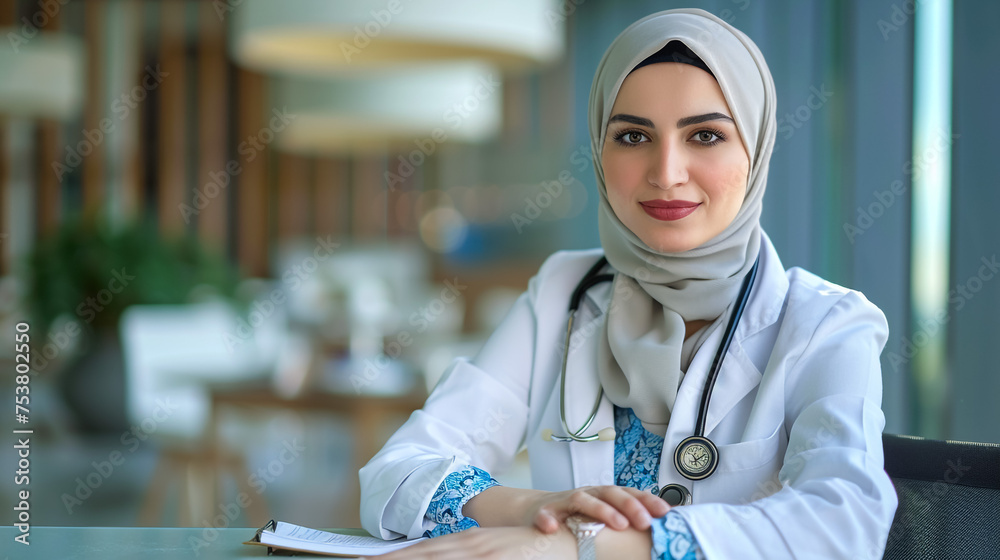 Portrait of smiling young woman therapist in hijab looking at camera while working at desk in clinic office