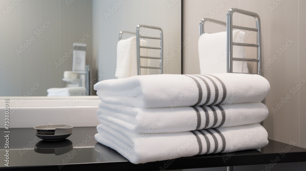 Illustrate the cleanliness of a hostel bathroom with neatly stacked towels and a freshly scrubbed sinkStudio shot luxurious design elegant simplicity