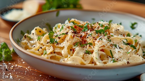 A mouthwatering bowl of creamy pasta garnished with fresh herbs and grated Parmesan