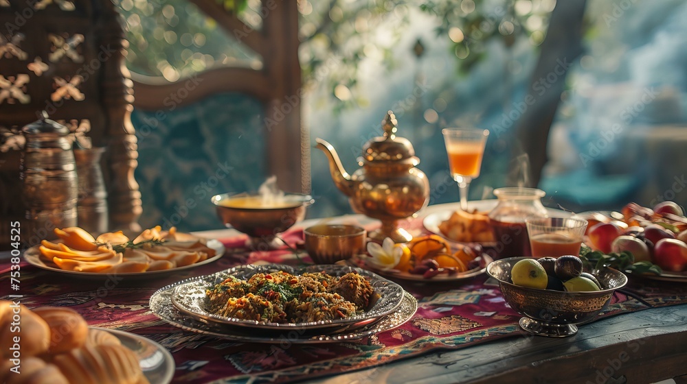 Fototapeta premium beautifully set traditional Middle Eastern table with delicious food, tea service on it, soft morning light streaming