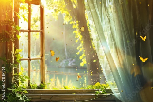 Window overlooking enchanted forest - A dreamy image of a rustic window open to a view of an enchanted forest bathed in golden sunlight with butterflies photo