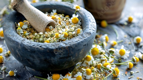 A mortar and pestle with dried chamomile flowers being ground