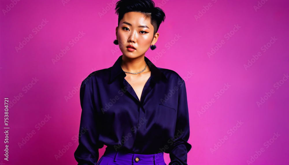 photo of asian woman as a mafia gang member standing against pink background, generative AI photo of asian woman as a mafia gang member standing against pink background, generative AI