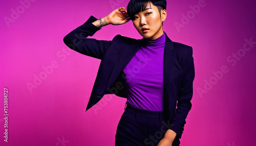 photo of asian woman as a mafia gang member standing against pink background, generative AI © Flash