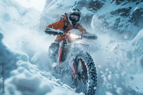 An athlete on a dirt bike races through a winter wonderland, illustrating speed, determination, and the thrill of the sport