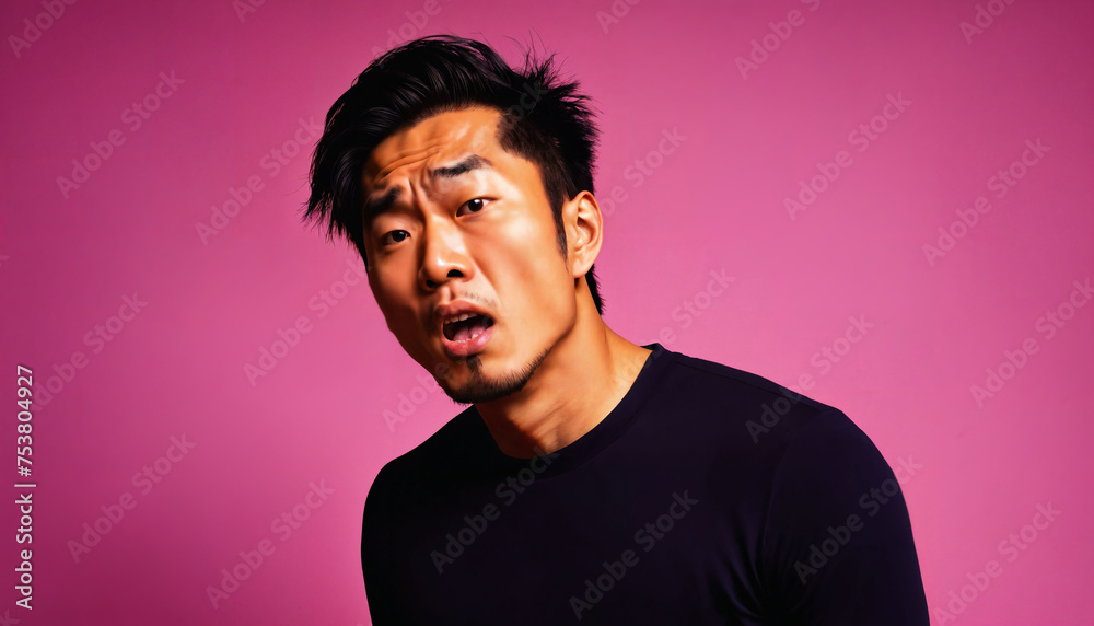photo of asian man as a mafia gang member standing against pink background, generative AI photo of asian man as a mafia gang member standing against pink background, generative AI