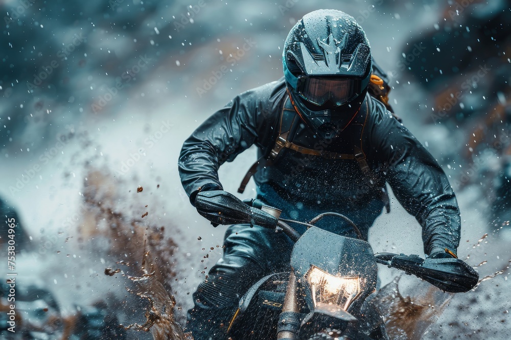 A focused urban biker battling through splashes on a rainy day, highlighting the resilience and ambition of riding in tough conditions A focused urban biker battling through splashes on a rainy day, highlighting the resilience and ambition of riding in tough conditions