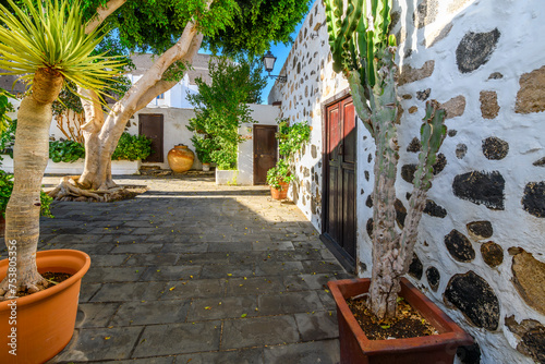 Fototapeta Naklejka Na Ścianę i Meble -  A picturesque neighborhood of whitewashed homes with stone accents, wooden doors and plants in the old town center of Arrecife, Spain, on the Canary island of Lanzarote.