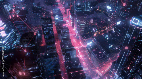 A bird's-eye view of a vibrant, interconnected city at night, showcasing a network of IoT devices and towering 5G infrastructure. © banthita166