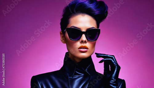 photo of middle aged woman with glasses standing against pink background, generative AI