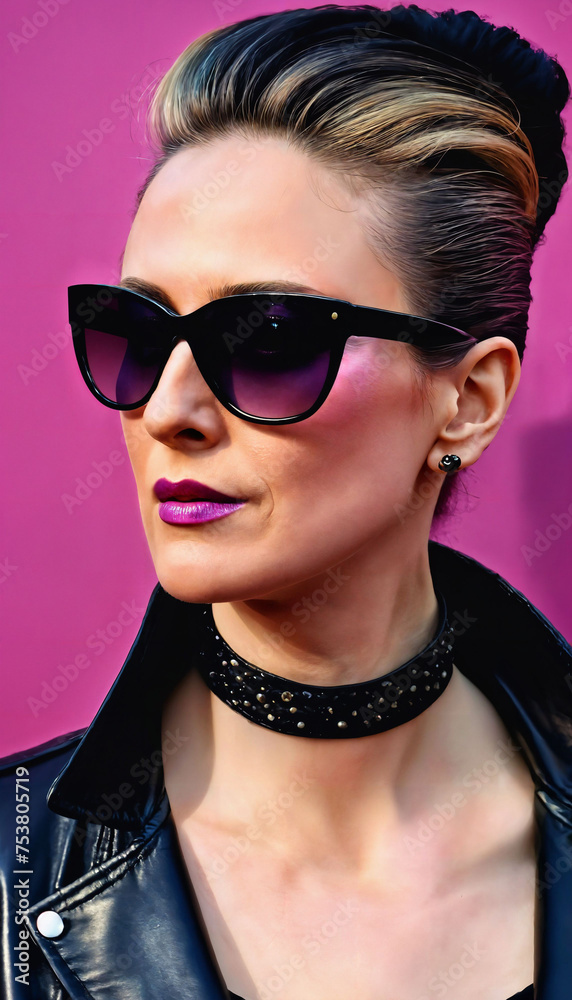 photo of middle aged woman with glasses and leather suit jacket standing against pink background, generative AI photo of middle aged woman with glasses and leather suit jacket standing against pink background, generative AI