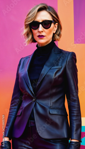 photo of middle aged woman with glasses and leather suit jacket standing against pink background, generative AI