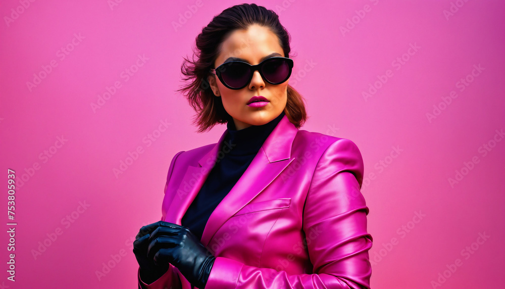 photo of middle aged woman with leather suit jacket and hand gloves standing against pink background, generative AI