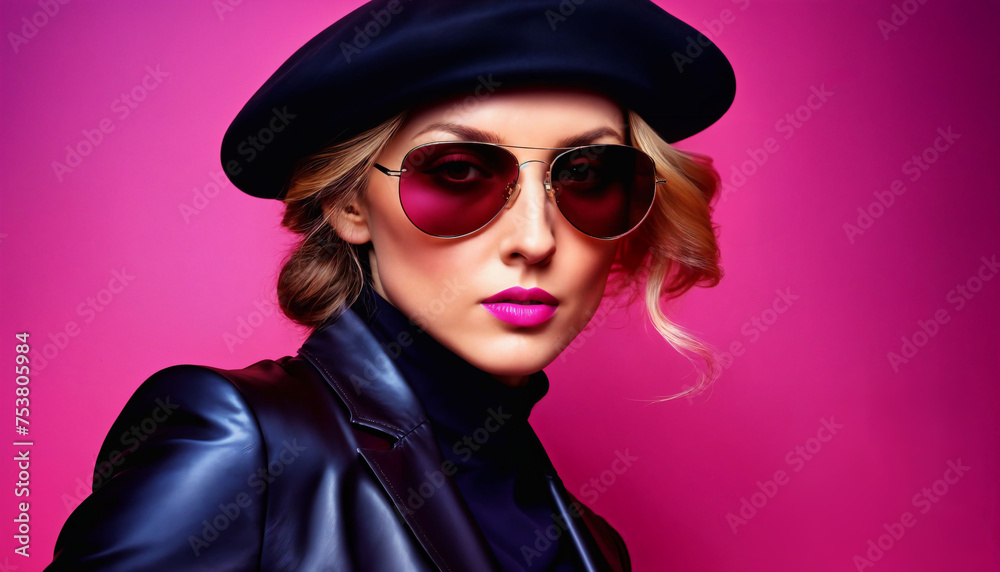 photo of middle aged woman with leather suit jacket and hand gloves and beret hat and glasses standing against pink background, generative AI photo of middle aged woman with leather suit jacket and hand gloves and beret hat and glasses standing against pink background, generative AI