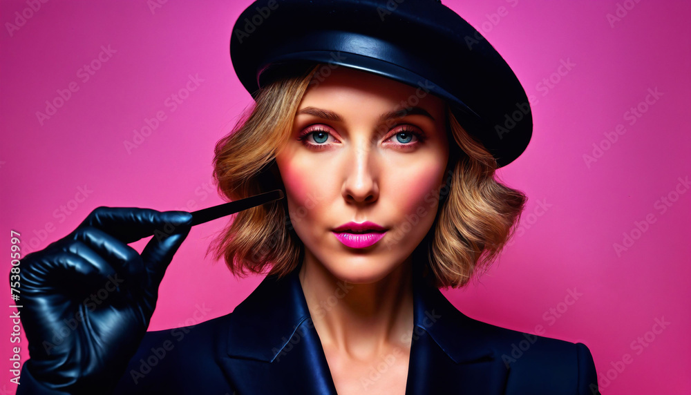 photo of middle aged woman with leather suit jacket and hand gloves and beret hat and glasses standing against pink background, generative AI photo of middle aged woman with leather suit jacket and hand gloves and beret hat and glasses standing against pink background, generative AI