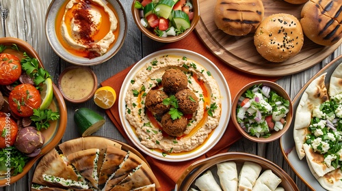 A Mediterranean feast with dishes like hummus, falafel, tabbouleh, and grilled vegetables