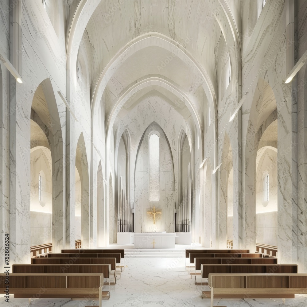 Cathedral choir loft framed by minimalist marble arches acoustics in harmony with architecture