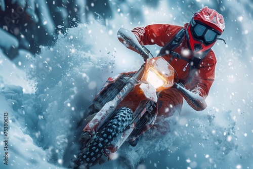 An action-packed shot of a motorcyclist braving a blizzard on a snow-laden track showcasing determination and the thrill of winter riding