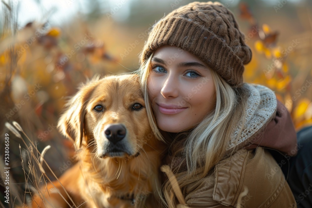 A beautiful young woman with a beanie smiling next to a golden retriever in a serene autumn scene