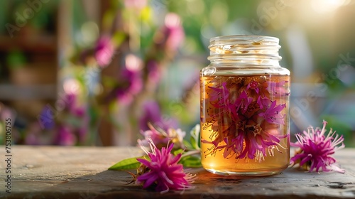 A jar of honey infused with bee balm flowers photo