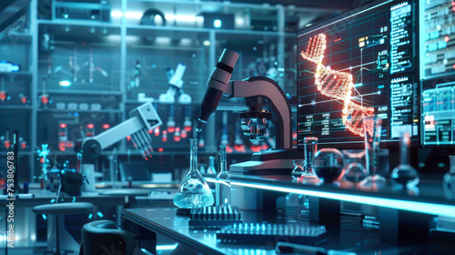 A high-tech laboratory with AI-driven robots engaged in precise gene editing, surrounded by digital data screens and molecular models. © banthita166