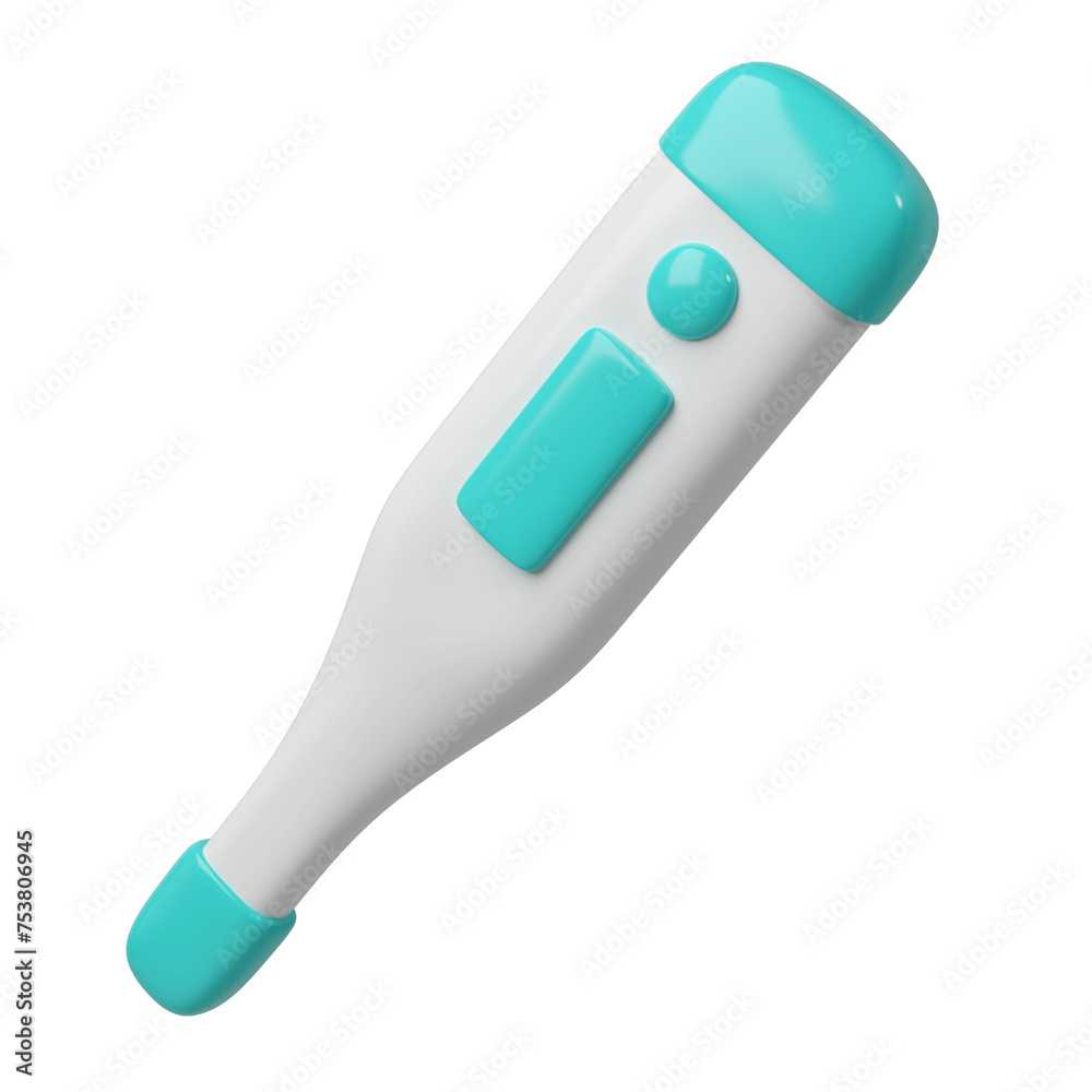 3d medical electronic thermometer icon. Rendering illustration of medicine diagnostic instrument to temperature measurement in turquoise color. Cute cartoon design. Healthcare tool 3d medical electronic thermometer icon. Rendering illustration of medicine diagnostic instrument to temperature measurement in turquoise color. Cute cartoon design. Healthcare tool