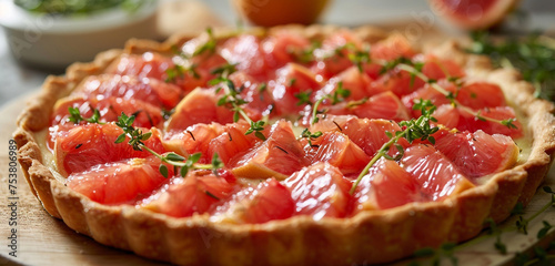 A glistening, ruby-red grapefruit and thyme tart, with a buttery, golden crust, showcasing a balance of tangy and sweet flavors © Riffat