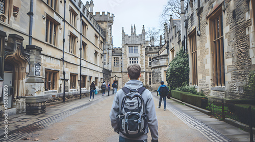 A student with a backpack walking through the cobblestone paths of an ancient university, surrounded by historic architecture.
 photo
