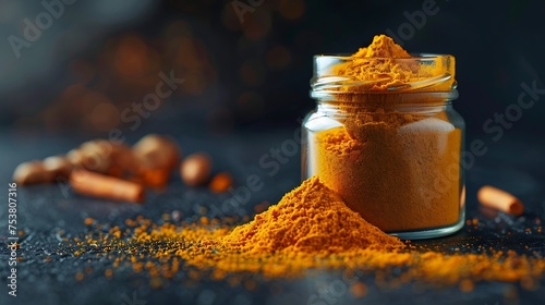 a jar of golden turmeric powder with a sprinkle of the spice on a dark background