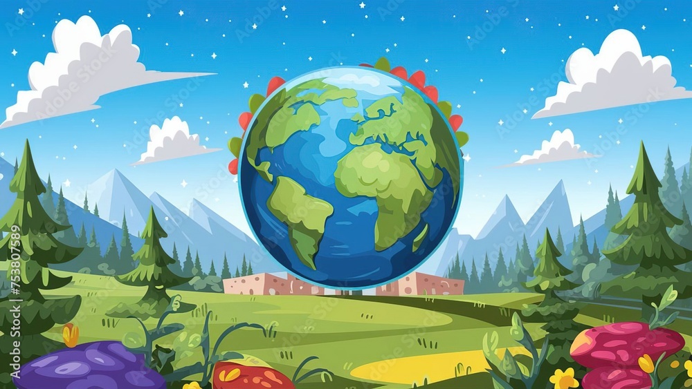 Naklejka premium 2d vector cartoon illustration colorful earth logo , painting style , cloud