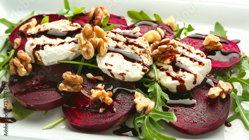 A gourmet beetroot and goat cheese salad, with arugula, walnuts