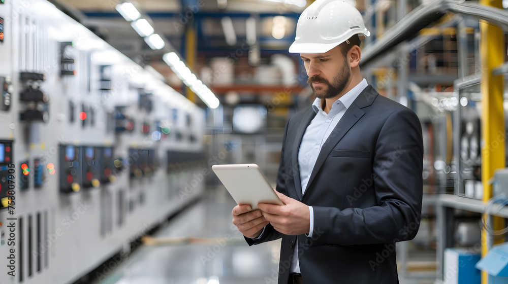 Naklejka premium Focused engineer wearing a hard hat using a tablet to monitor machinery in a modern industrial factory.