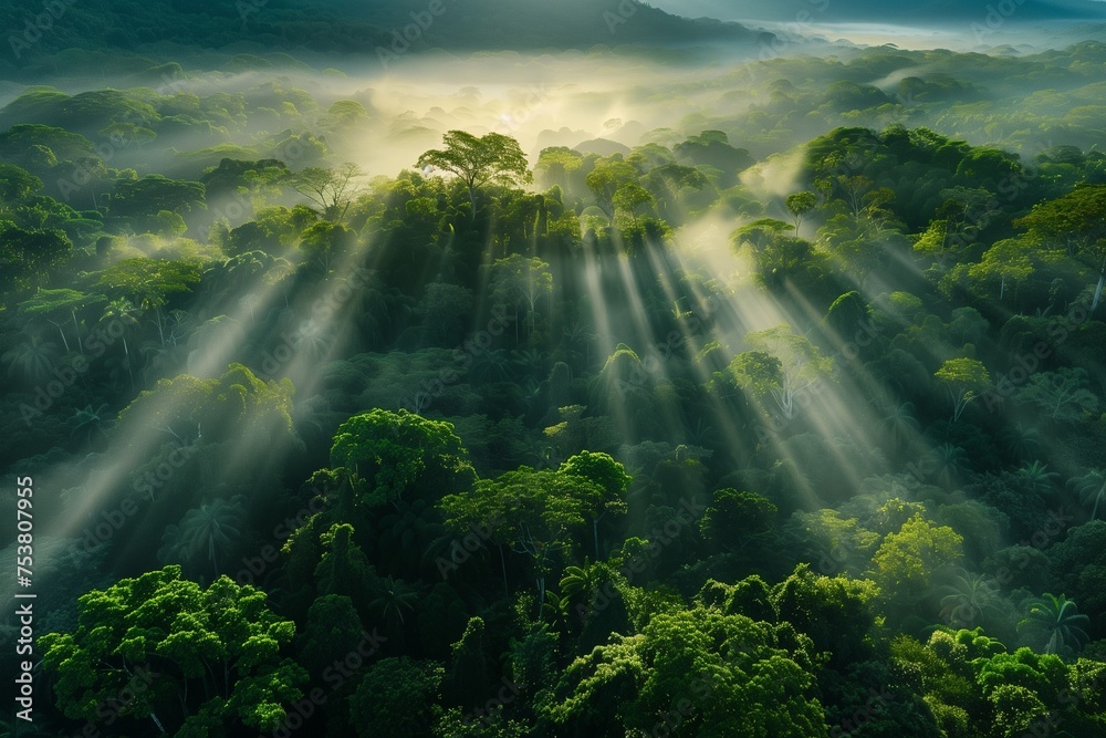 A breathtaking vista of a lush, green forest canopy from above, with rays of sunlight piercing through the mist at dawn, symbolizing the natural beauty and resilience of our planet on Earth Day. A breathtaking vista of a lush, green forest canopy from above, with rays of sunlight piercing through the mist at dawn, symbolizing the natural beauty and resilience of our planet on Earth Day.