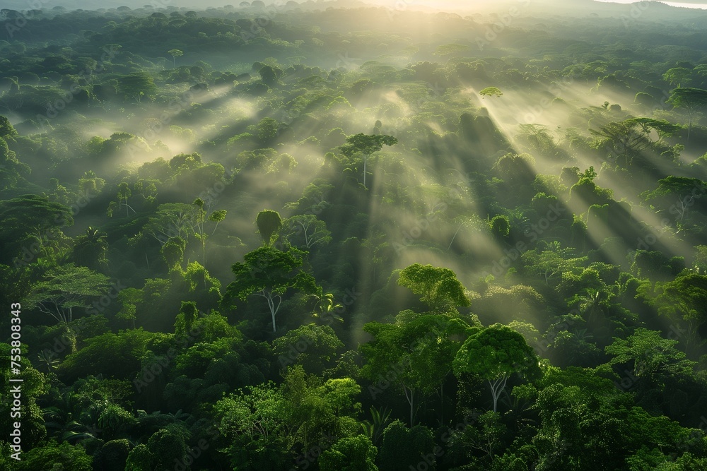 A breathtaking vista of a lush, green forest canopy from above, with rays of sunlight piercing through the mist at dawn, symbolizing the natural beauty and resilience of our planet on Earth Day. - obrazy, fototapety, plakaty 