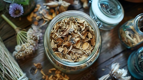 A jar of dried dandelion root