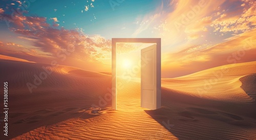  Opened door on desert. Unknown and start up concept. This is a 3d illustration 