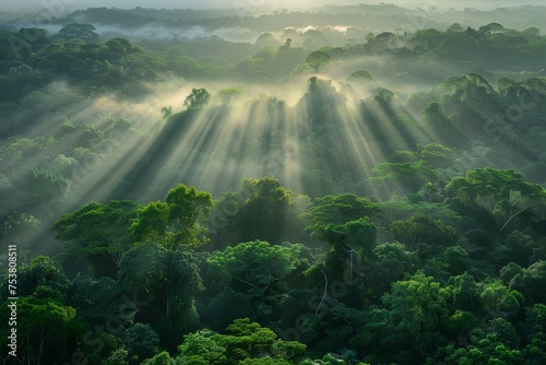A breathtaking vista of a lush  green forest canopy from above  with rays of sunlight piercing through the mist at dawn  symbolizing the natural beauty and resilience of our planet on Earth Day.