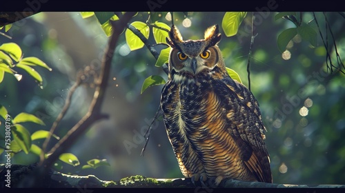 The Great Horned Owl, or Bubo virginianus nacurutu, is a nocturnal bird found in South America. photo