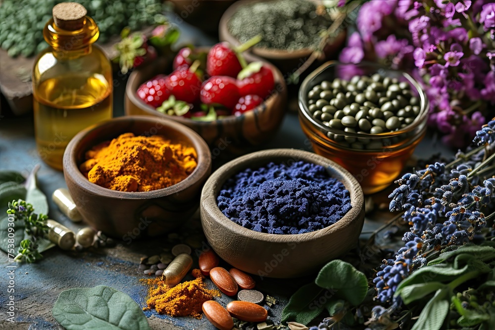 Holistic medicine concept, healthy food eating, dietary supplements, healing herbs and flowers.