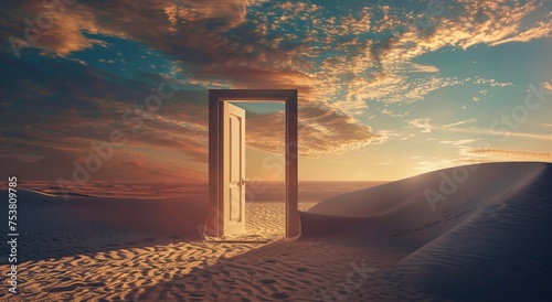  Opened door on desert. Unknown and start up concept. This is a 3d illustration 