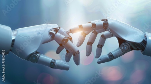 Two robotic hands reaching towards each other against a blurred blue background, symbolizing connection and technology.