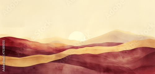 A digital watercolor composition of a desert landscape with burgundy sands against a light gold dusk sky © Riffat