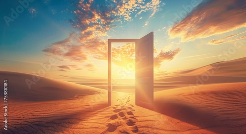  Opened door on desert. Unknown and start up concept. This is a 3d illustration 