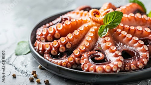 Delicious octopus tentacles served in a light-colored kitchen while being cooked on a dark plate on a table with a green leaf against a gray background.